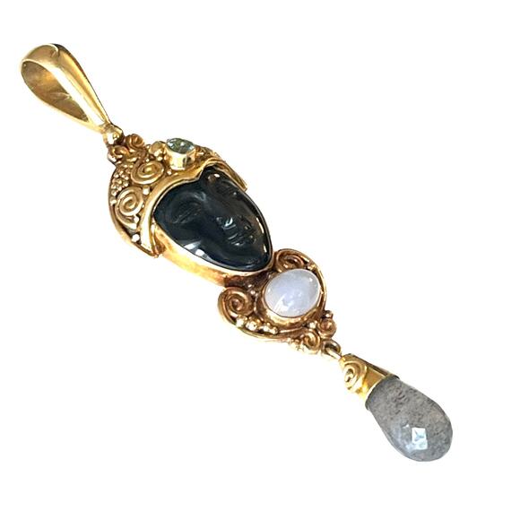 Sajen 18K Gold Pendant 2.75" Obsidian Black Goddess Moonstone Topaz Gemstone Vtg - Picture 2 of 6